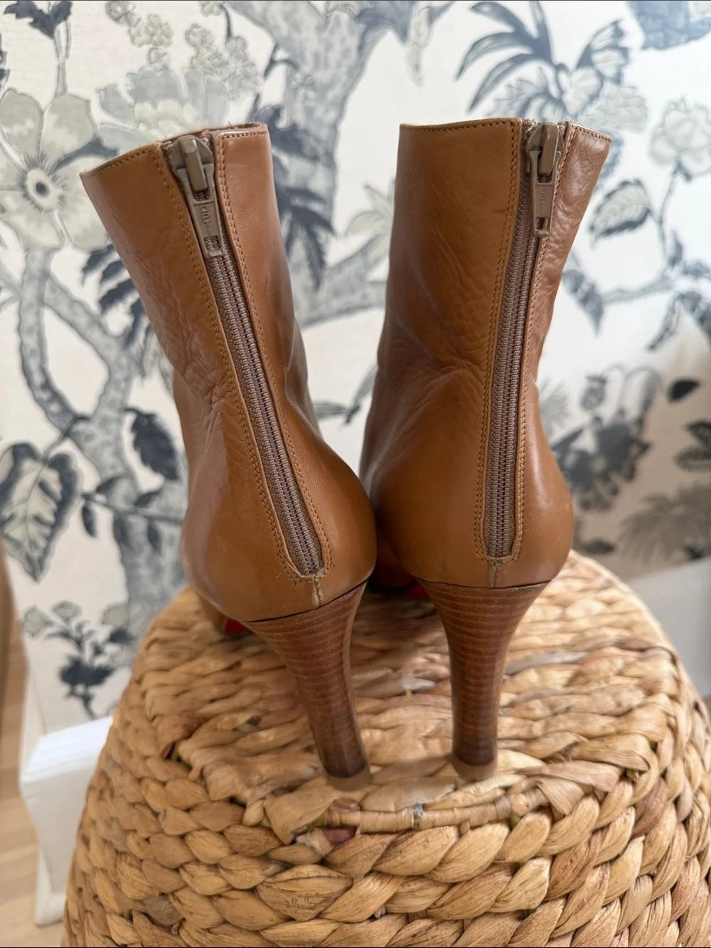 Christian Louboutin Women’s Leather Ankle Boots in Cognac with Red bottom